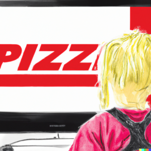 Female web designer looking at monitor displaying the word pizza